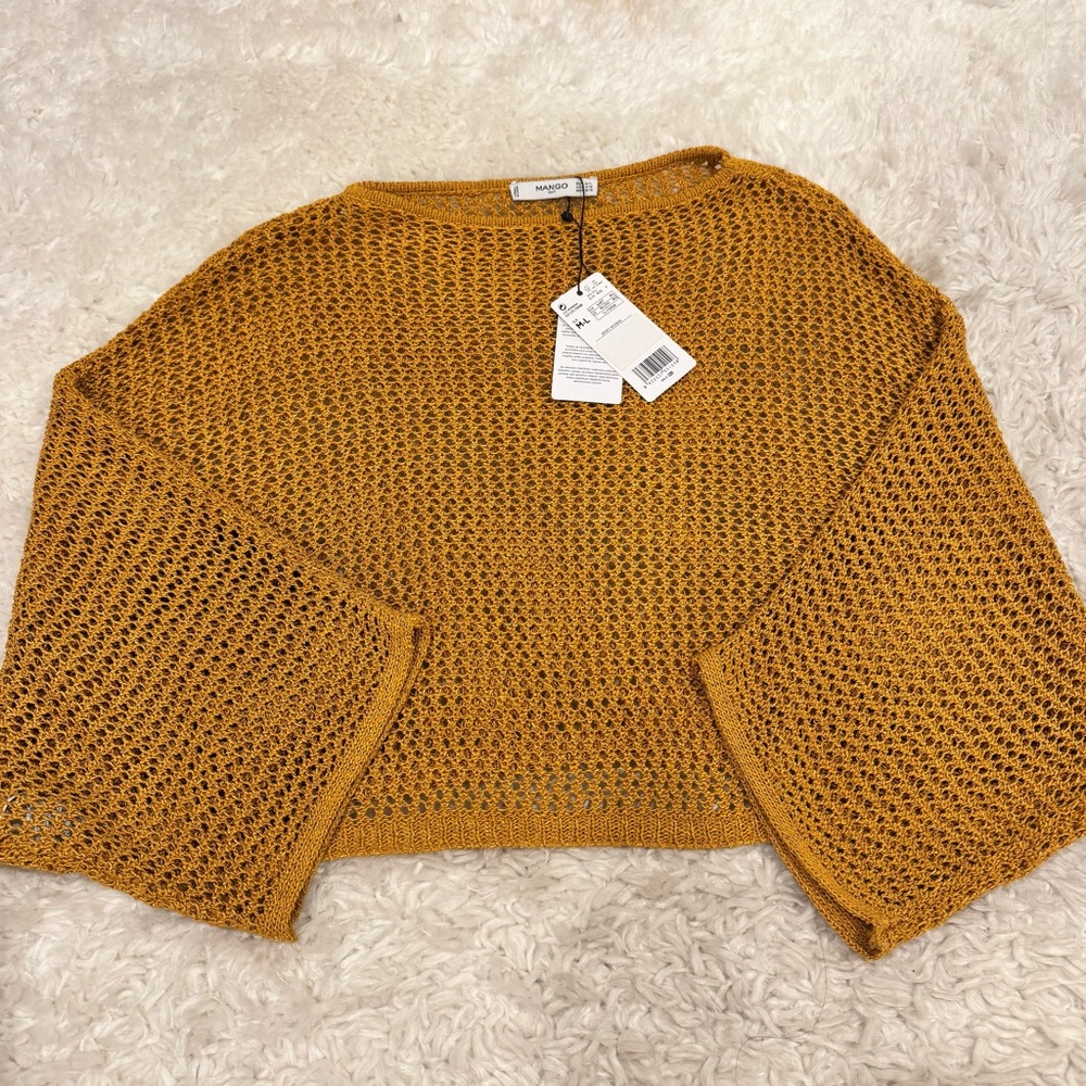 Mango Mustard Open-Knit Cropped Sweater